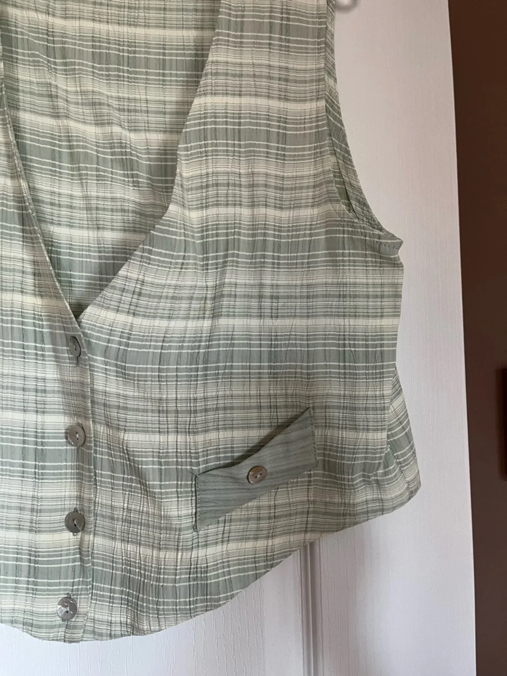 Vintage- Women's Sage Plaid Button-Front Casual Vest - Picture 2 of 3
